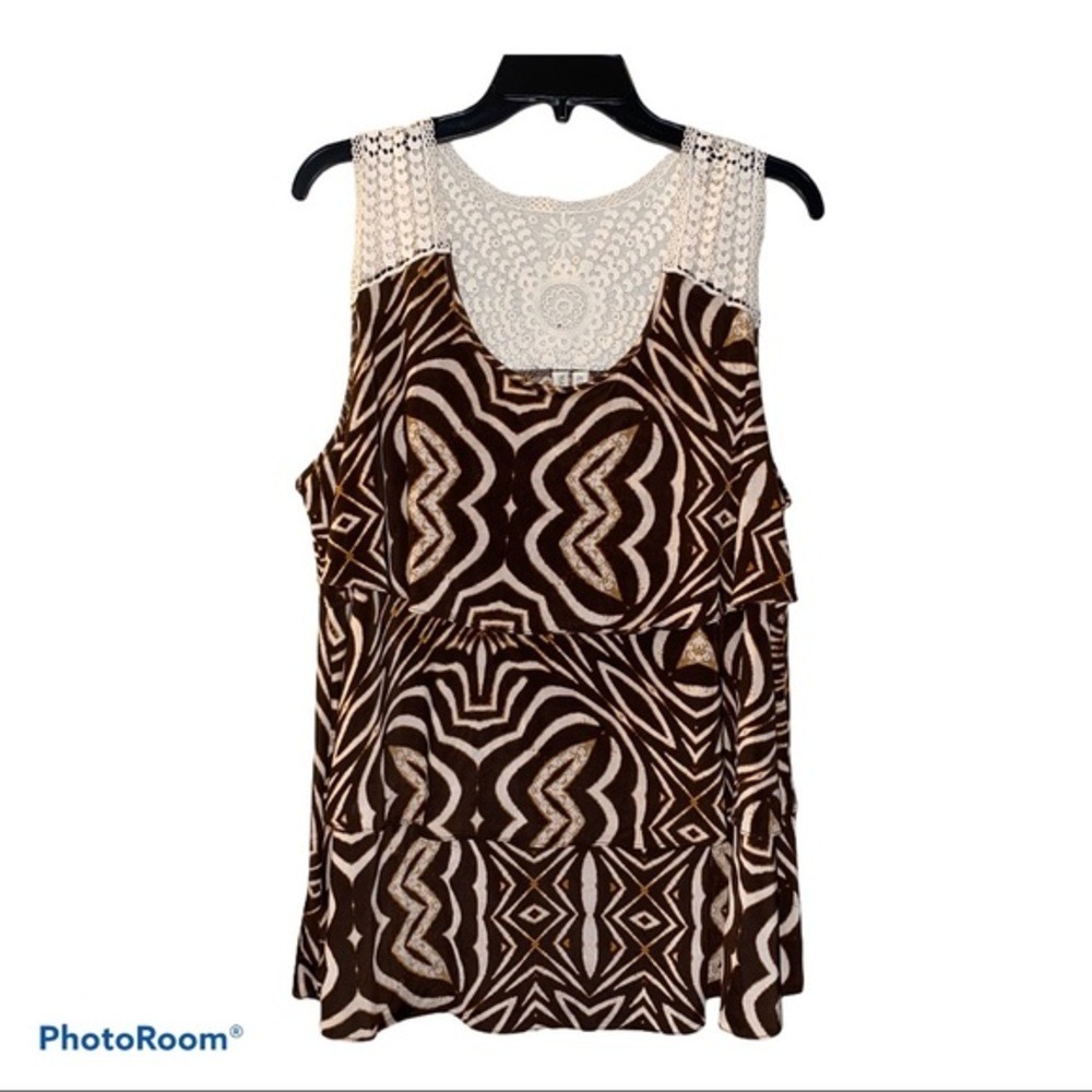 Madison Woman Plus Boho Tribal Geometric Print Crochet Lace Yoke Flowy Tank Top‎
